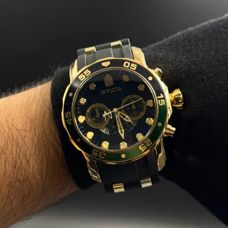 Invicta Pro Driver Goma Negro - Tablero Negro Dorado - Verde